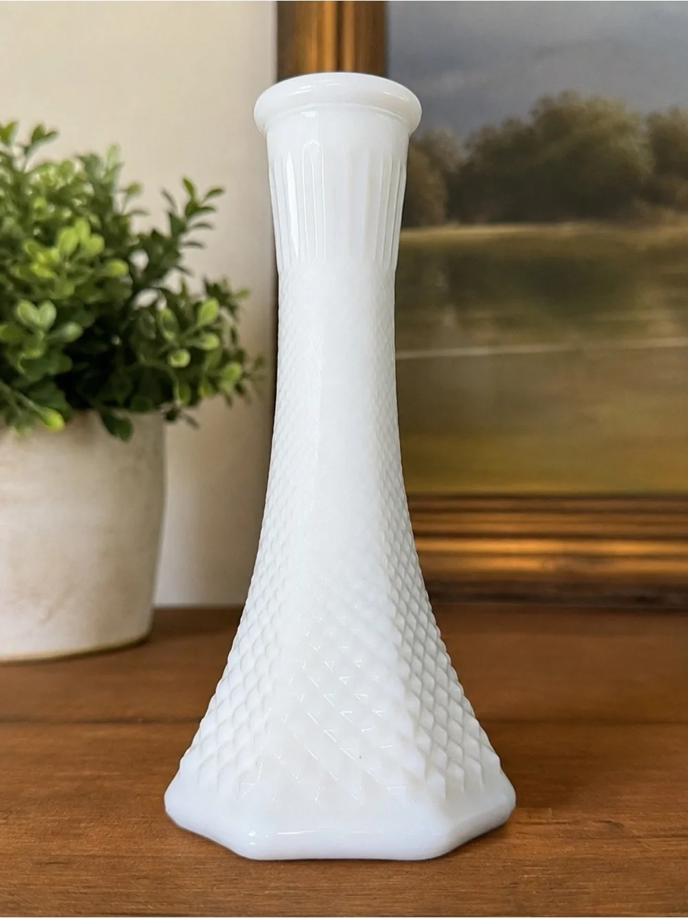 Vintage Hoosier Glass 4063C White Milk Glass Bud Vase Diamond Hex Base